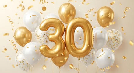 Celebrate three decades of life with golden balloons and confetti, a joyous milestone, a shimmering spectacle of celebration and memories made.