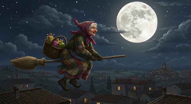 La Befana's Flight: A whimsical depiction of La Befana, a joyful, elderly witch, soaring through the night sky on her broomstick under a full moon, laden with gifts.