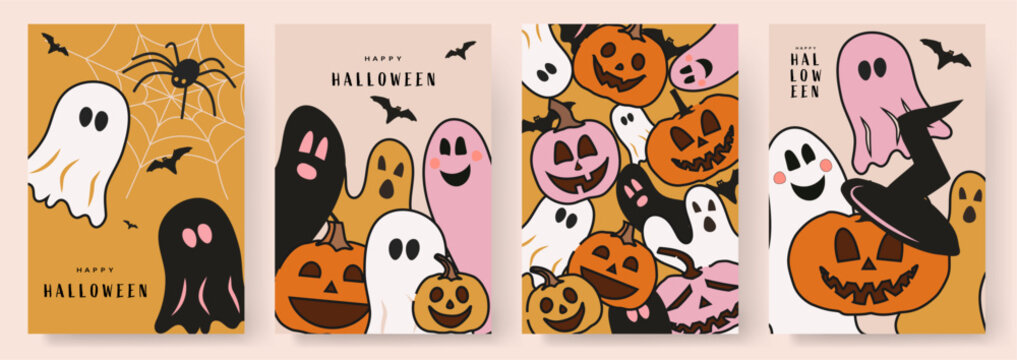 Happy Halloween posters template. Halloween banner, poster with pumpkins. Happy halloween banner or party invitation background with yellow and orange pumpkins, ghost, bat.