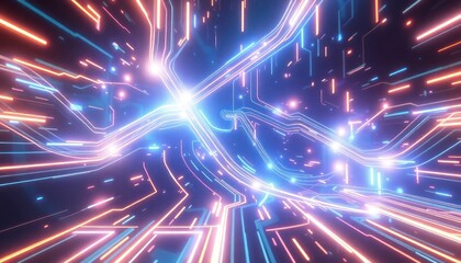 Fototapeta premium Abstract glowing lines of blue and orange light form a dynamic, futuristic digital network, ideal for technology or science backgrounds.