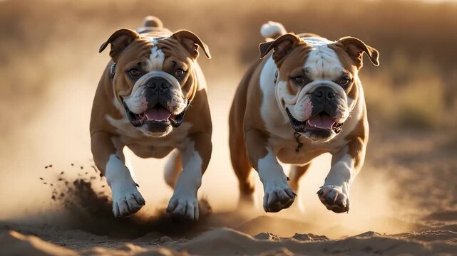 Two energetic bulldogs running across sandy terrain with dust clouds in motion during a fast-paced outdoor chase under warm sunlight