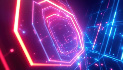 Dynamic abstract digital tunnel of glowing neon lines and dots, creating a futuristic network data flow. Ideal for technology, cyber security, or innovation concepts.