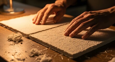 Artisan crafting delicate handmade paper sheets, a meticulous process revealing intricate textures and subtle fibers. Warm light illuminates the scene.
