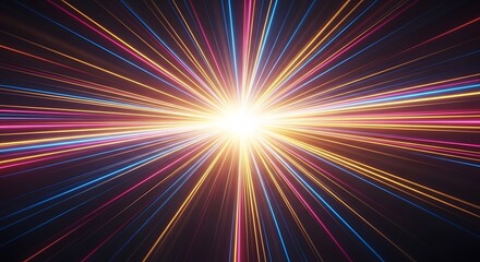 Obraz premium Vibrant Neon Lines Converge Into ABright Center Creating ADynamic And Energetic Visual Spectacle Of Light And Color