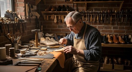 Master Craftsman Shaping Leather, a Legacy of Skill in His Cobblers Workshop. Sunlight Illuminates the Dedicated Workbench and Tools
