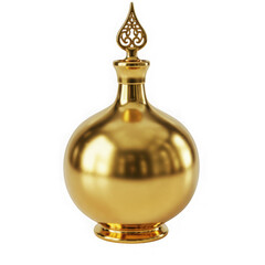 Elegant golden perfume bottle with intricate stopper and reflective surface transparent background