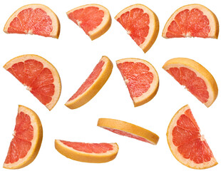 Round grapefruit halves with juicy pulp and zest in different angles on an isolated background