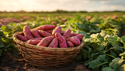Basket of fresh purple sweet potatoes on a farm field at sunset, Organic root vegetable harvest in a sunny agricultural landscape.