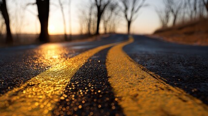Curved yellow road line on wet asphalt at sunset, dramatic low-angle view symbolizing journey, direction, and freedom in scenic natural environment.