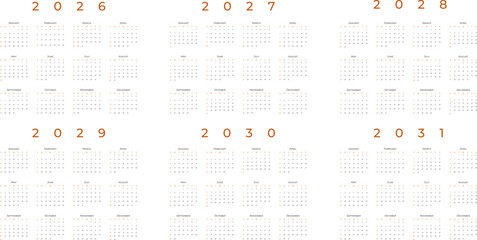 Calendar For 2026 2027 2028 2029 2030 2031 In Progress And Starts On Sunday
