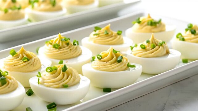 Classic Deviled Eggs Garnished With Fresh Green Onions Served On White Plate Perfect For Party Snack Or Appetizer
