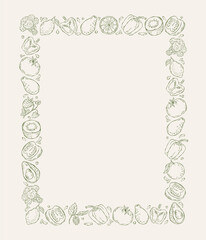 Hand drawn vector composition with fruits, vegetables, and berries. Decorative line artwork perfect for menus, packaging, invitations, and food design