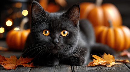Black cat with intense yellow eyes lying down on a wooden table with pumpkins, candles, and autumn leaves, creating a cozy Halloween atmosphere