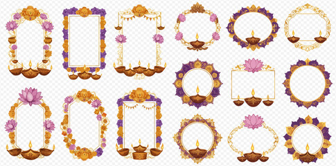 A collection of ornate Indian festival frames decorated with colorful flowers, garlands, and traditional lit diya oil lamps.