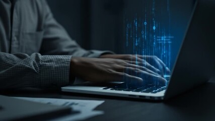 Person typing on laptop computer with digital technology overlay data processing and cybersecurity concept - Powered by Adobe