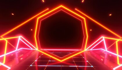 Vibrant neon lights form a futuristic hexagonal tunnel and grid floor, perfect for modern digital backgrounds, gaming, or energetic events.