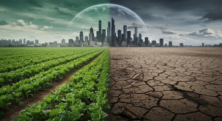 A Stark Juxtaposition: Thriving Agriculture Versus Barren Wasteland, Reflecting Environmental Impact and Climate Change Challenges, A Call to Action for