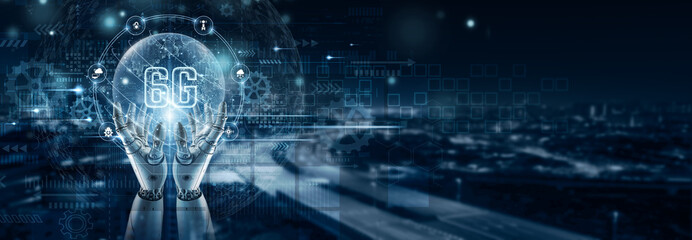 Hand of robot holding a 6G technology icon on global network connection, ultra-fast communication, advanced IoT integration, intelligent connectivity, immersive digital experience