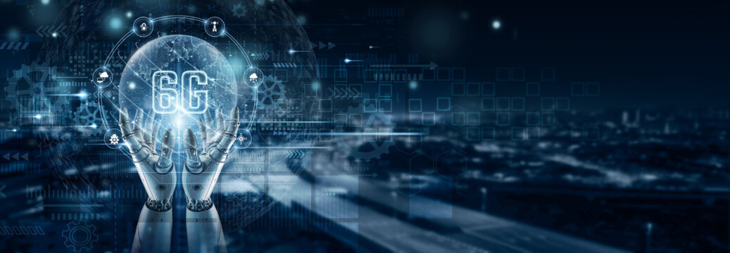 Hand of robot holding a 6G technology icon on global network connection, ultra-fast communication, advanced IoT integration, intelligent connectivity, immersive digital experience