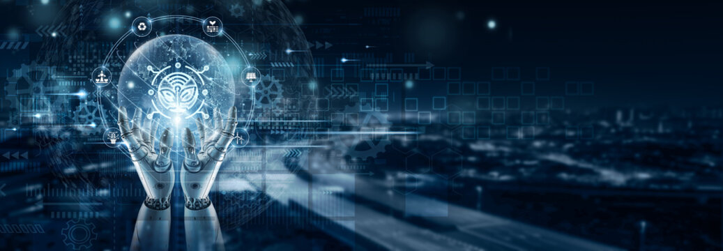 Hand of robot holding an agriculture technology icon on global network connection,precision farming, IoT crop monitoring, smart irrigation systems, sustainable food production, advanced farm solutions