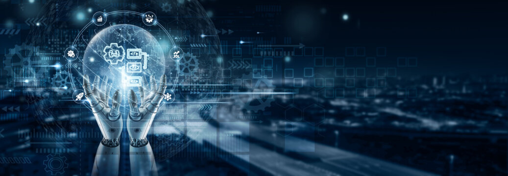 Hand of robot holding an algorithm development icon on global network connection, computational design, predictive modeling, optimization processes, advanced coding techniques