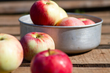 red and yellow apples on a wooden surface in the sunlight
