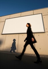 Blank Billboard in Urban Setting with Pedestrians Walking By