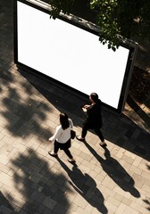Blank Billboard in Urban Setting with Pedestrians Walking By