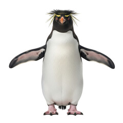 Rockhopper penguin standing with wings outstretched isolated on transparent background