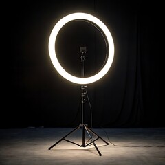 Bright ring light on tripod against dark background