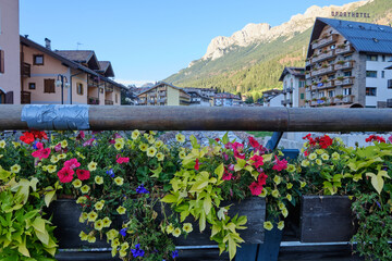 View of city of Moena in the Dolomites, Italy