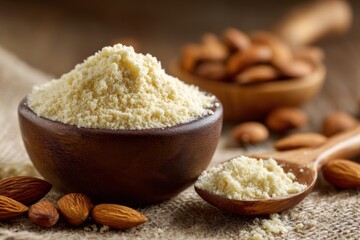 Almond flour. Almond nuts and almond flour in a wooden bowl and spoon. White table background. Grated almonds pile. Gluten-free produce for health. Low Carb Keto, celiac, paleo, and wheat-free diets