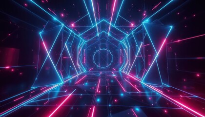 Dynamic neon tunnel of glowing blue and pink lines, creating a futuristic geometric abstract background. Ideal for technology, gaming, or digital concepts and virtual reality.