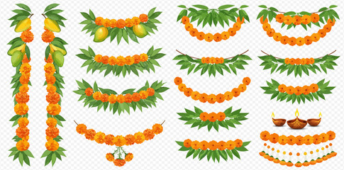 Collection of vibrant floral garlands and mango leaf decorations, perfect for festive occasions.