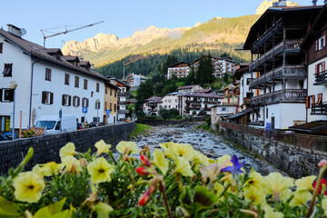 View of city of Moena in the Dolomites, Italy