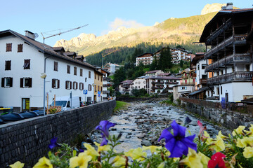View of city of Moena in the Dolomites, Italy