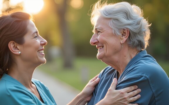 Parkinson disease patient, elderly senior person in support of nursing family caregiver for disability awareness day concept. High quality - Powered by Adobe