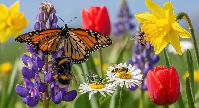 Monarch Butterfly and Bees Among Colorful Flowers in a Garden Scene - Powered by Adobe