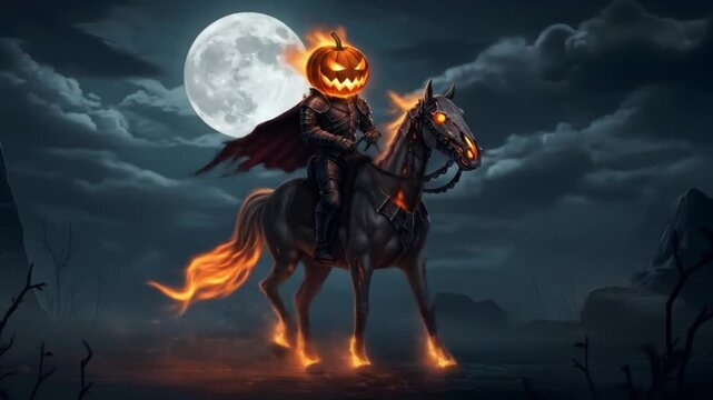 Halloween headless horseman riding fiery horse under full moon with glowing jack o lantern pumpkin head