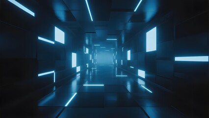 Futuristic Corridor with Blue Neon Lights and Reflective Surfaces