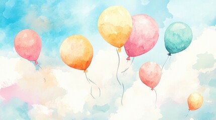 Fototapeta premium Colorful balloons in sky with soft clouds and blue background. Balloons Around the World Day. Birthday Celebration Cake, International Cake Day