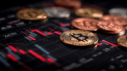 Bitcoin Coins and Cryptocurrency Market Chart with Red and Blue Data Lines