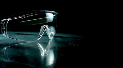 Obraz premium Sleek blackrimmed safety glasses with crystalclear lenses resting on a glossy reflective surface, modern closeup design emphasizing transparency and sharpness, copy space on left