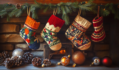 Fototapeta premium Christmas and New Year background with festive decorations, snowflakes, and holiday-themed elements. Ideal for greeting cards, invitations, and seasonal designs.