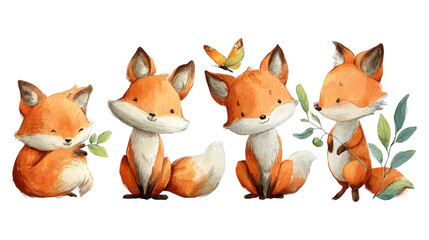 Four cute watercolor foxes in various poses One holds green leaves another watches a butterfly Whimsical woodland animal