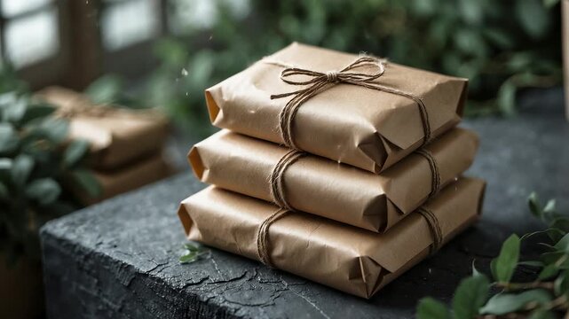 Stack of eco-friendly kraft paper wrapped parcels tied with string placed on stone surface surrounded by green plants in natural light