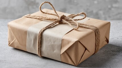 Rustic kraft gift package wrapped with natural twine on neutral surface with creative copy space
