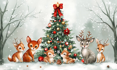 Naklejka premium Christmas and New Year background with festive decorations, snowflakes, and holiday-themed elements. Ideal for greeting cards, invitations, and seasonal designs.