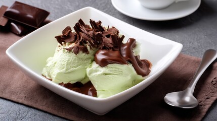 Elegant closeup of gourmet tiramisu dessert with pistachio mousse and dark chocolate curls on a white plate, showcasing rich textures and vibrant flavors in a sophisticated setting