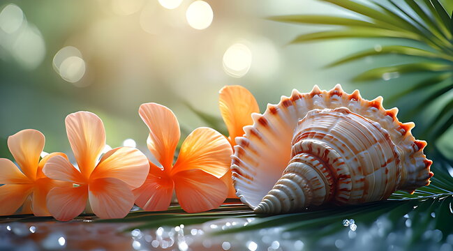 Large conch shell and vibrant orange plumeria flowers resting on a reflective surface surrounded by green leaves under bright sunlight with soft bokeh.